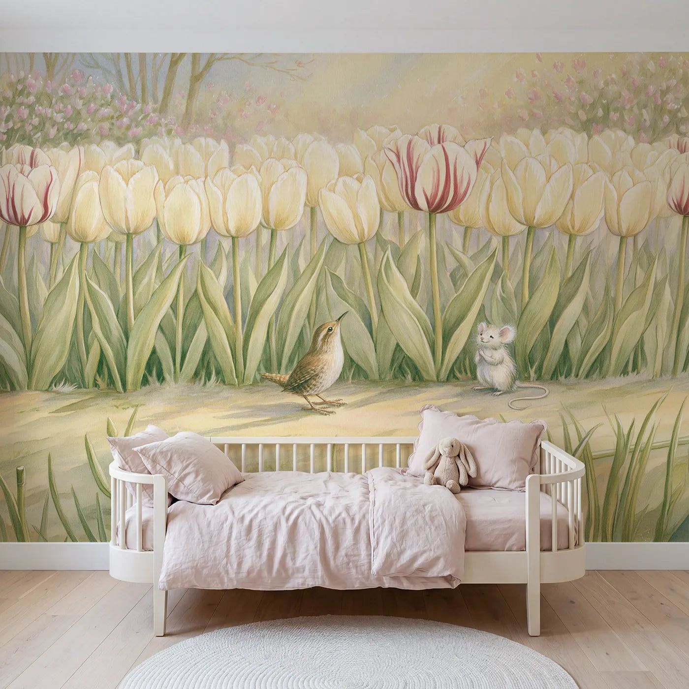 Storybook striped tulip standing out in a cream row, wall mural for a girls room by Whimsy Tots