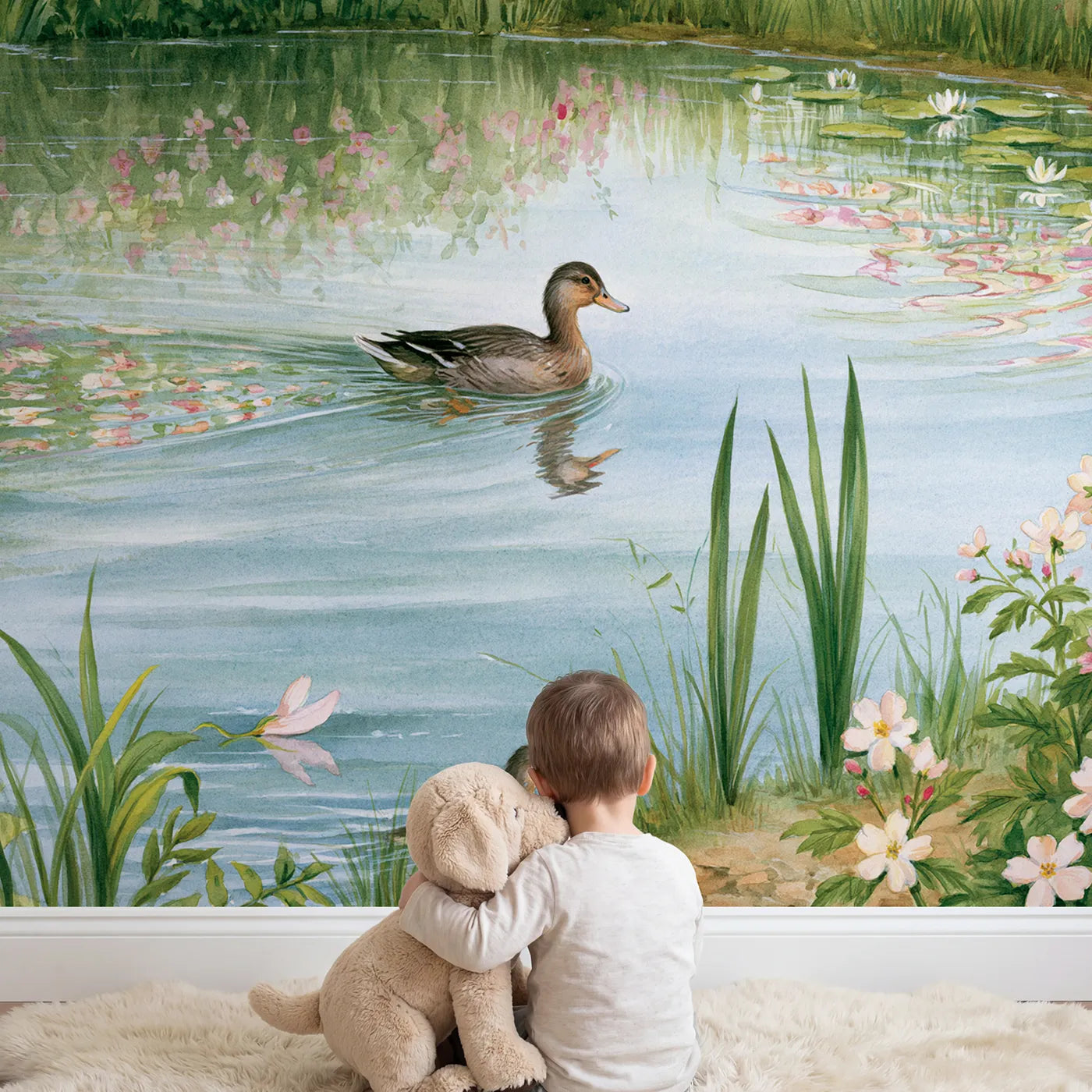 Child in nursery with The Meadow Mirror Pond Wallpaper Mural by Whimsy Tots
