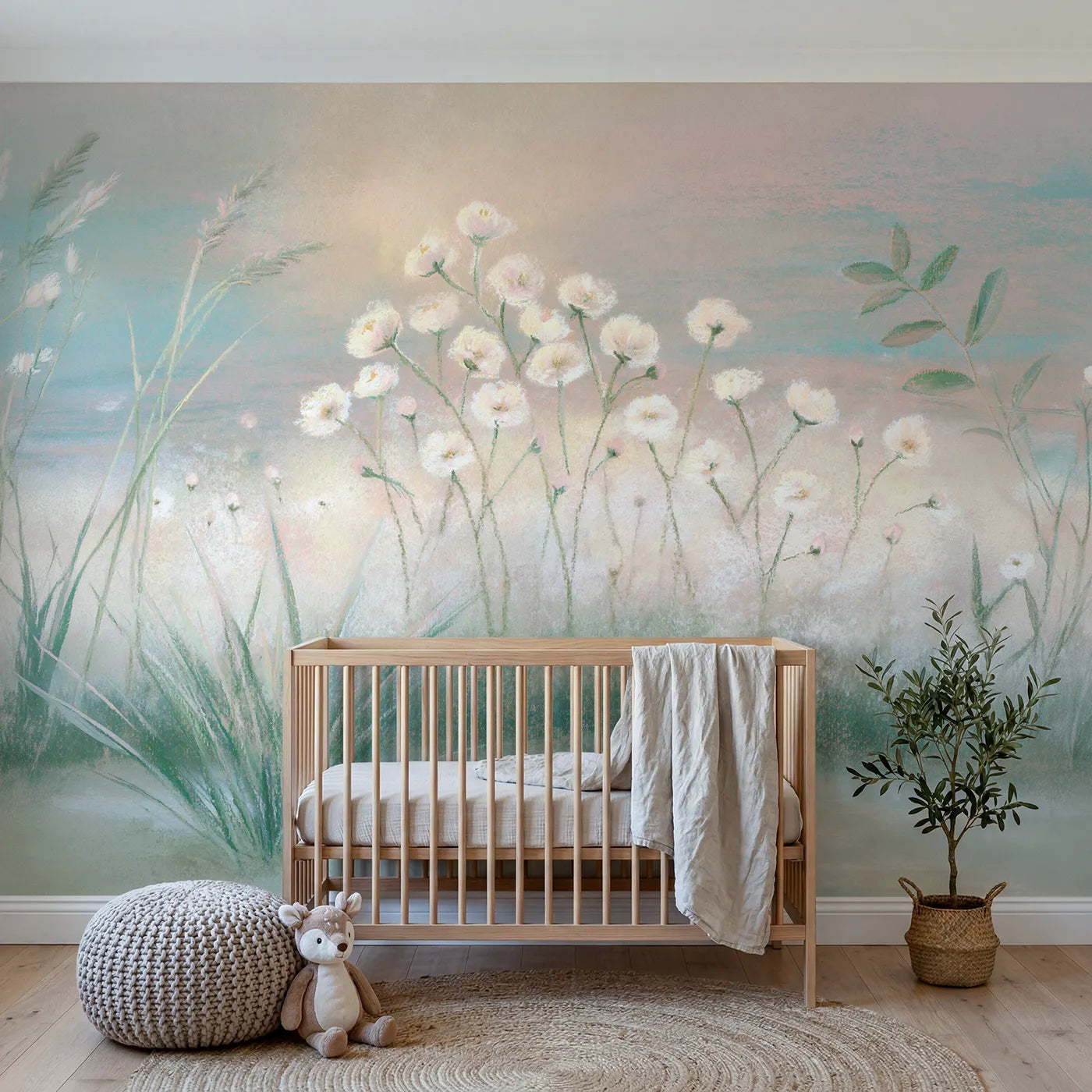 Chalk-pastel wall mural of scattered pastel meadow flowers by Whimsy Tots
