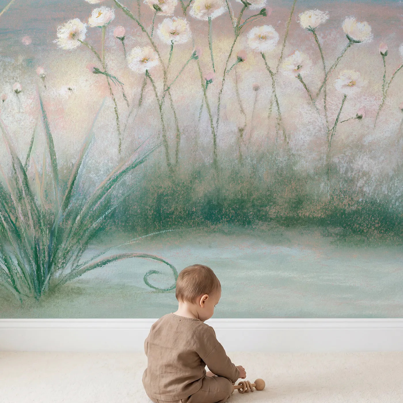 Child in nursery with Pastel Meadow Flowers Wallpaper Mural by Whimsy Tots