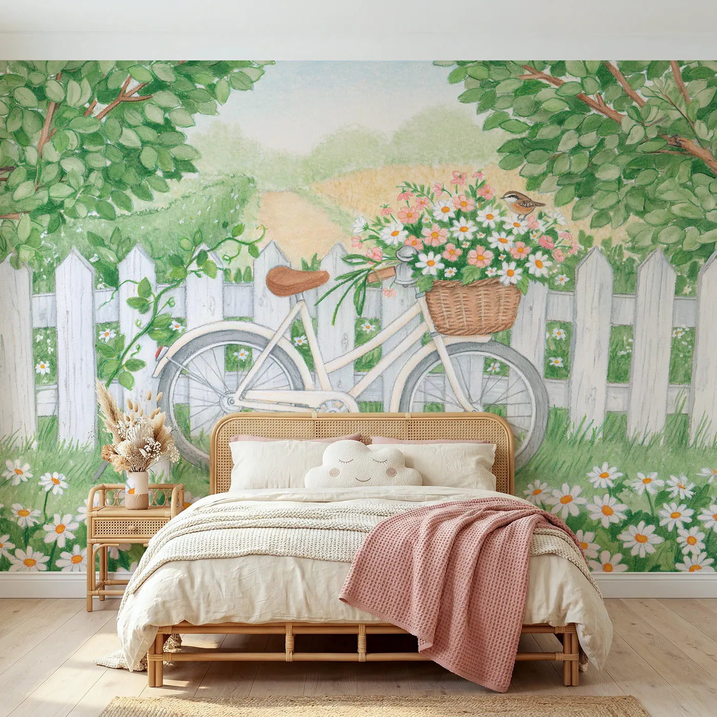 Colored Pencil bicycle with a basket of cut flowers, mural for a rented bedroom by Whimsy Tots