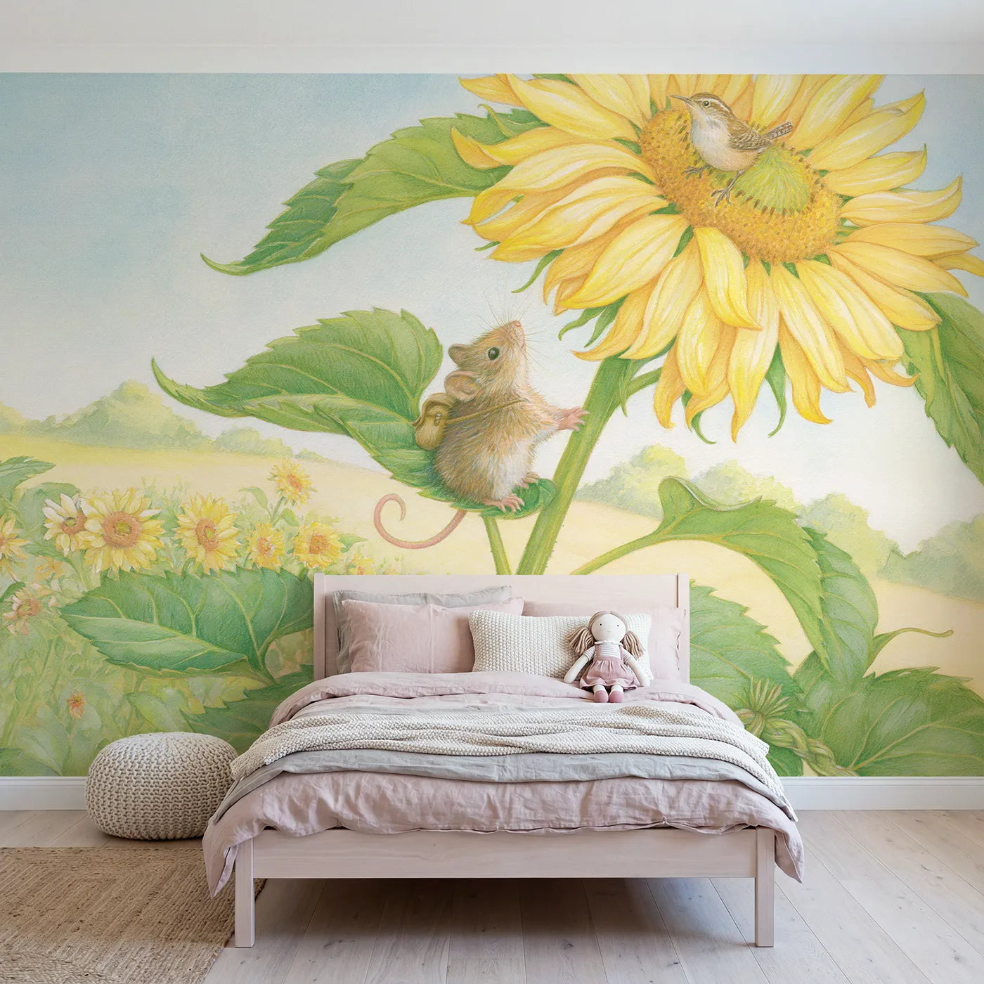 Storybook dormouse climbing a tall sunflower stem, wall mural for a playroom by Whimsy Tots