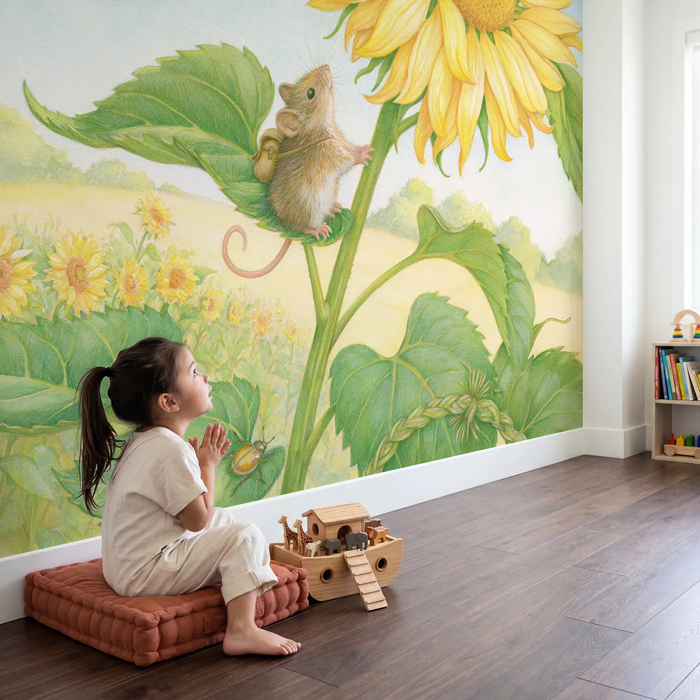 Child in nursery with The Sunflower Ladder Wallpaper Mural by Whimsy Tots