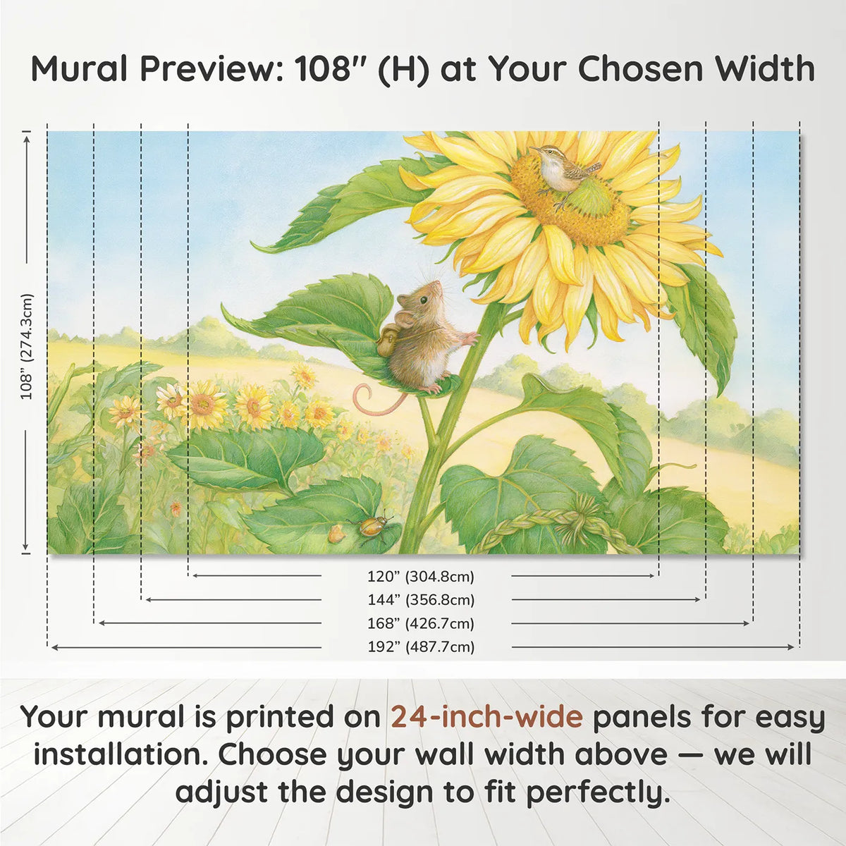 Panel layout and dimensions for The Sunflower Ladder Wallpaper Mural by Whimsy Tots