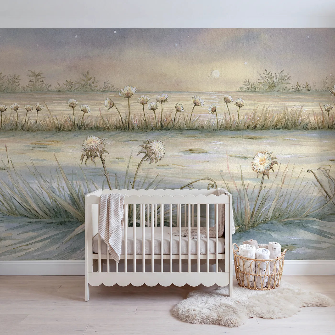 Pencil-and-wash wall mural of a goodnight flower row by Whimsy Tots