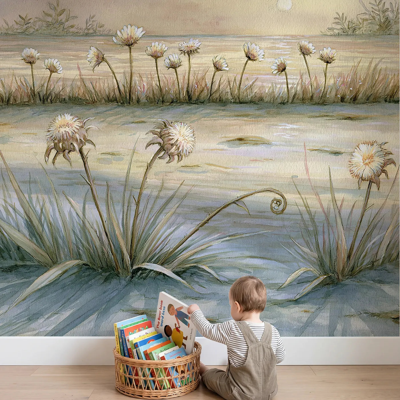 Child in nursery with Goodnight Little Flowers Wallpaper Mural by Whimsy Tots