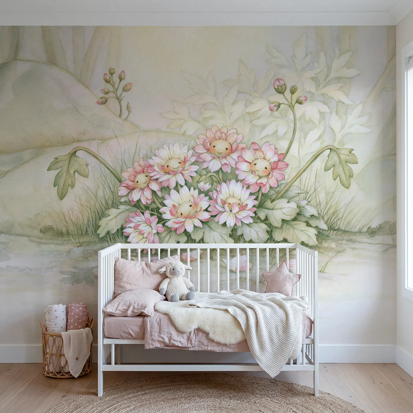 Storybook wall mural of sweet flower friends by Whimsy Tots