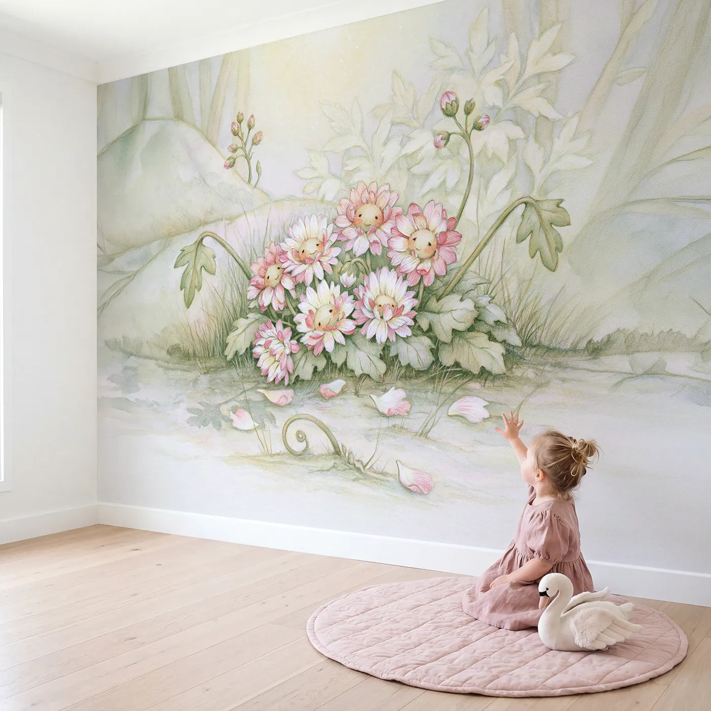 Child in nursery with Sweet Flower Friends Wallpaper Mural by Whimsy Tots