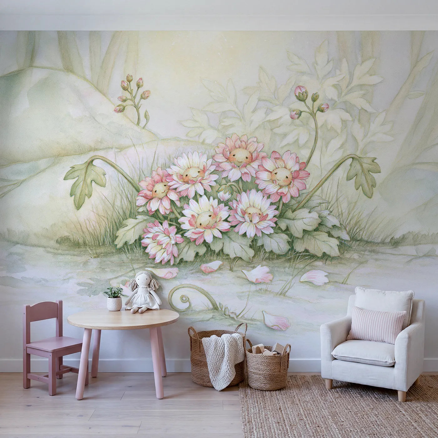 Sweet Flower Friends Wallpaper Mural in playroom setting by Whimsy Tots