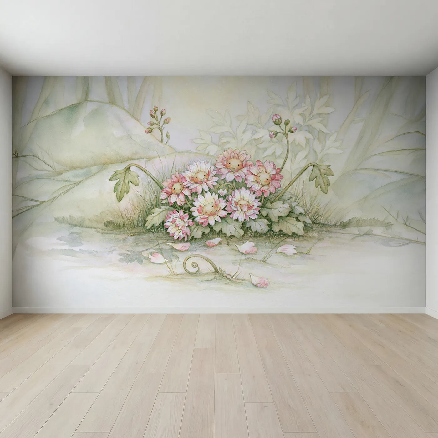Full view of Sweet Flower Friends Wallpaper Mural by Whimsy Tots
