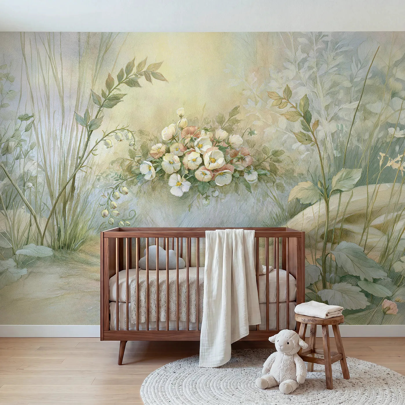 Storybook wall mural of a dreamy garden nap corner by Whimsy Tots