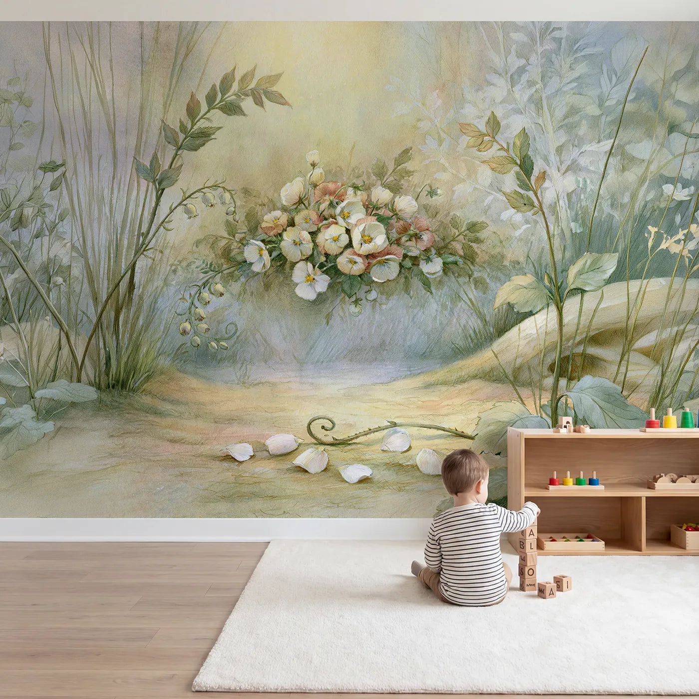 Child in nursery with Dreamy Garden Nap Wallpaper Mural by Whimsy Tots