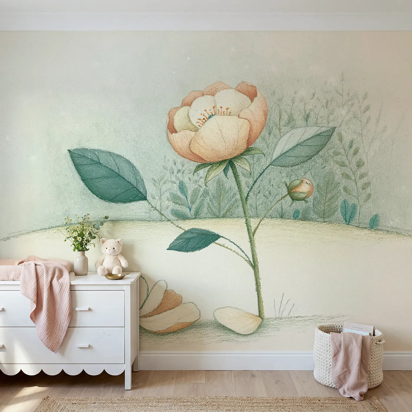 Colored-pencil wall mural of a soft tender peony by Whimsy Tots