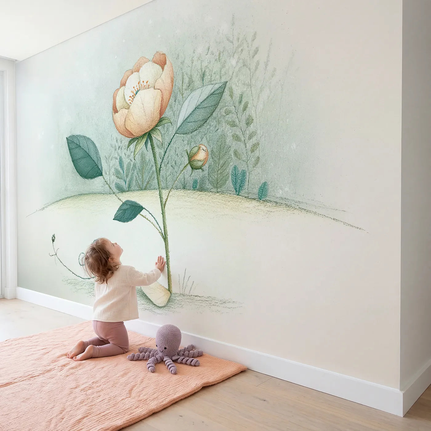 Child in nursery with Pencil Soft Peony Wallpaper Mural by Whimsy Tots