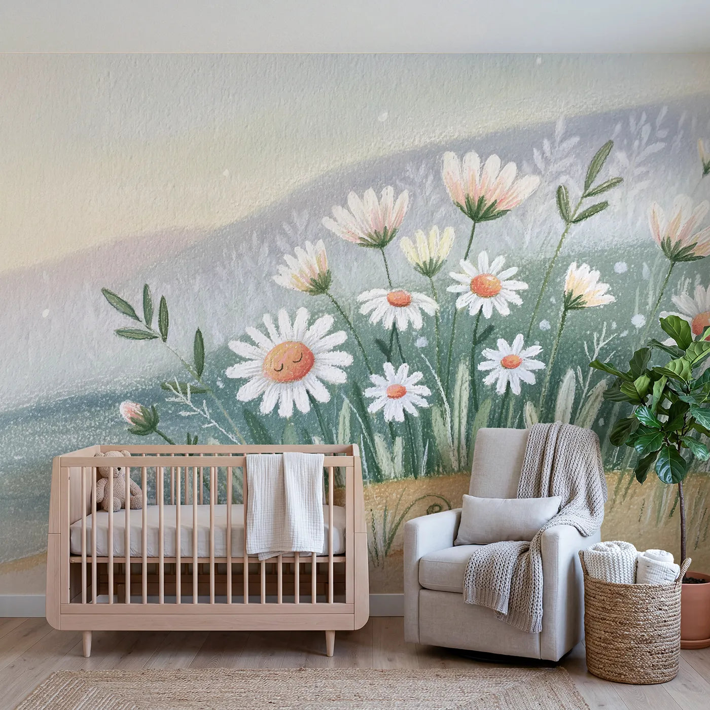 Colored-pencil wall mural of soft gathered daisies by Whimsy Tots