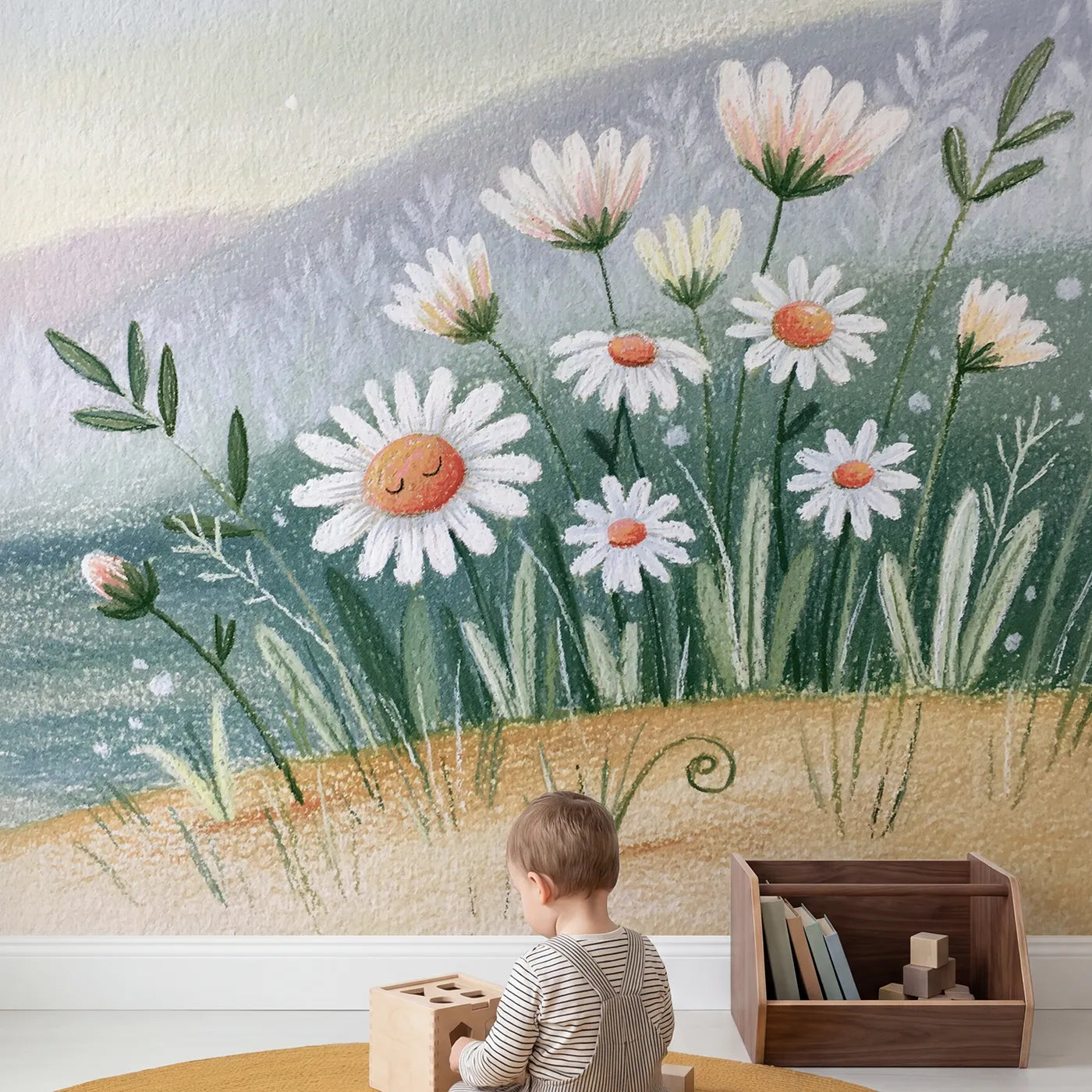 Child in nursery with Soft Pencil Daisies Wallpaper Mural by Whimsy Tots