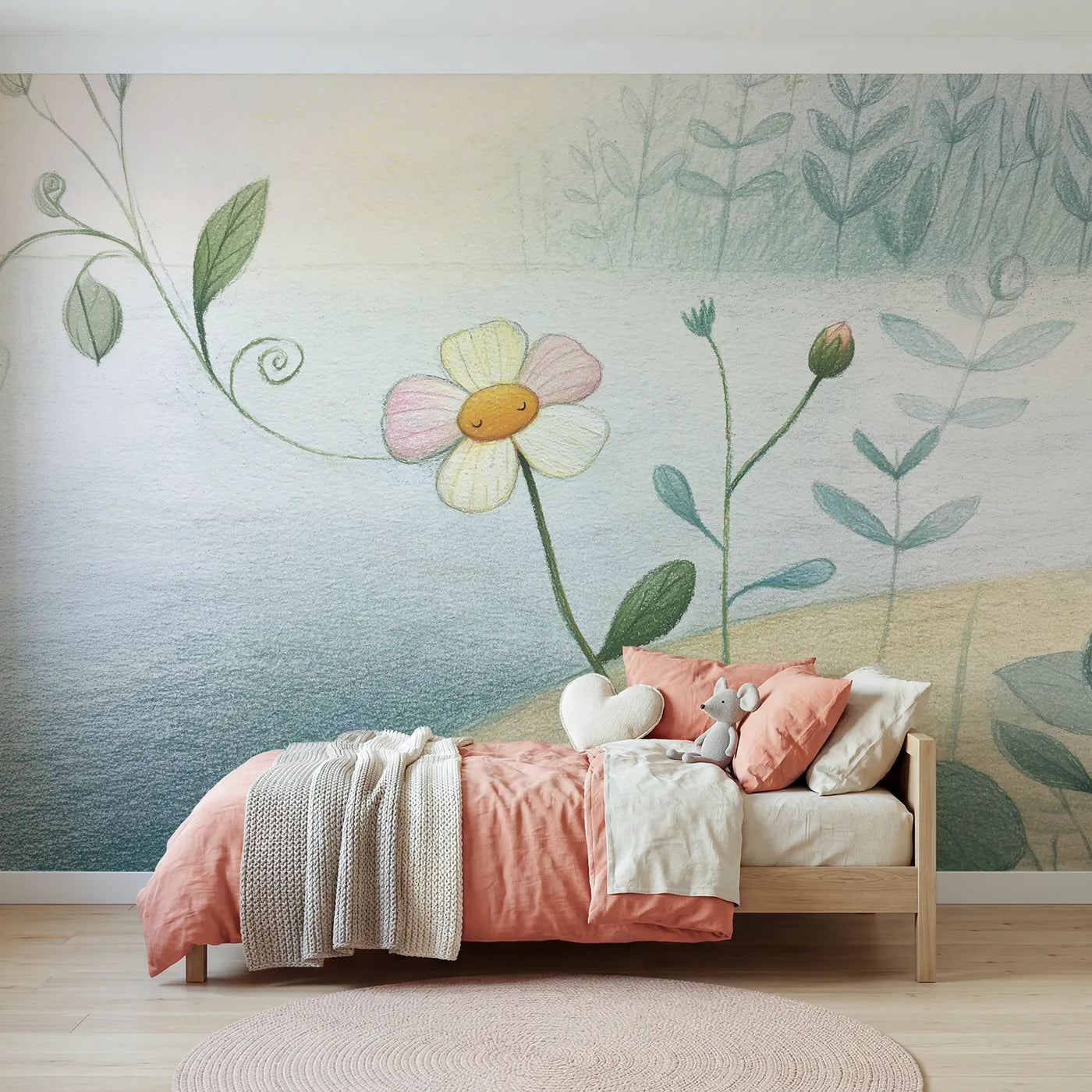 Colored-pencil wall mural of a tender floral arrangement by Whimsy Tots