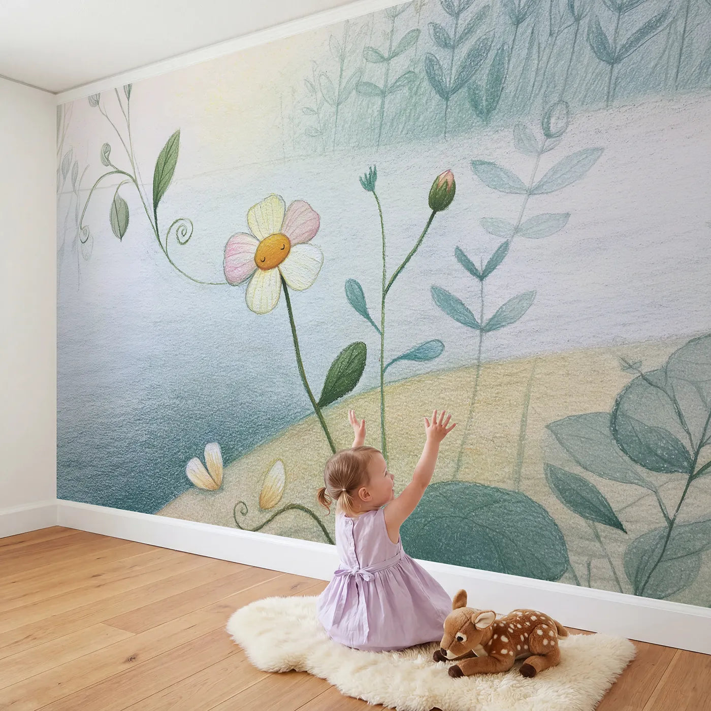 Child in nursery with Pencil Floral Soft Wallpaper Mural by Whimsy Tots