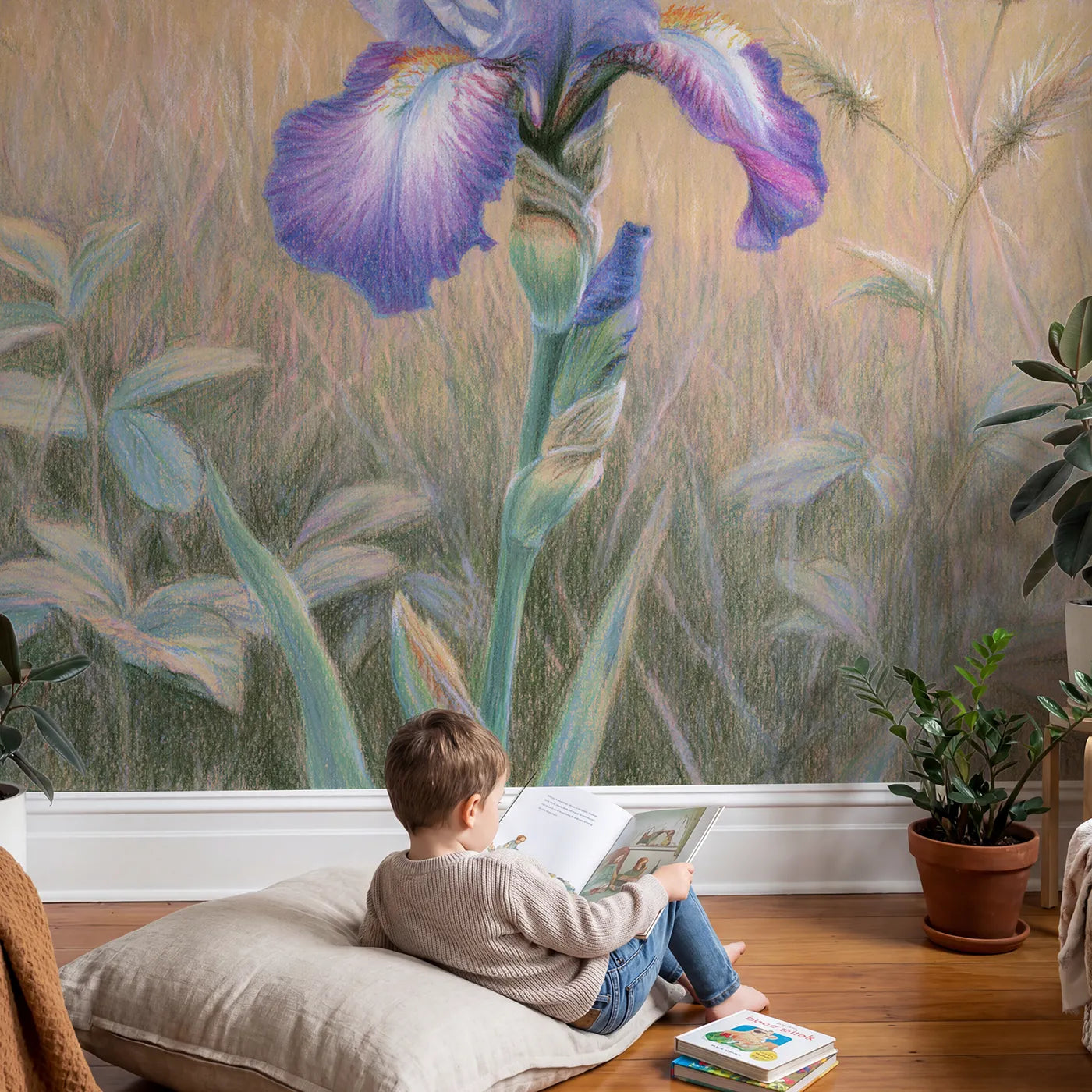 Child in nursery with Soft Garden Iris Wallpaper Mural by Whimsy Tots