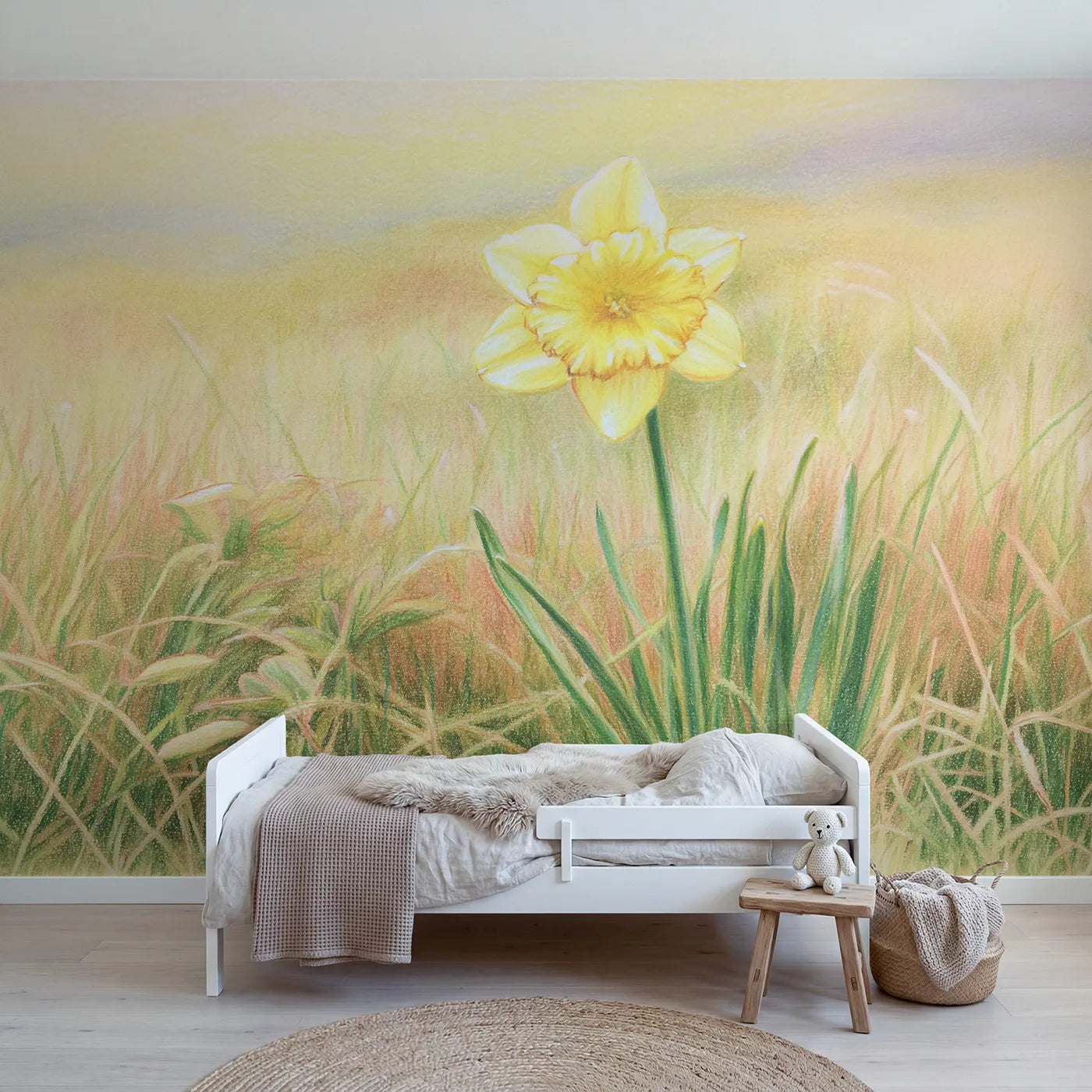 Floral wall mural of a gentle yellow daffodil by Whimsy Tots
