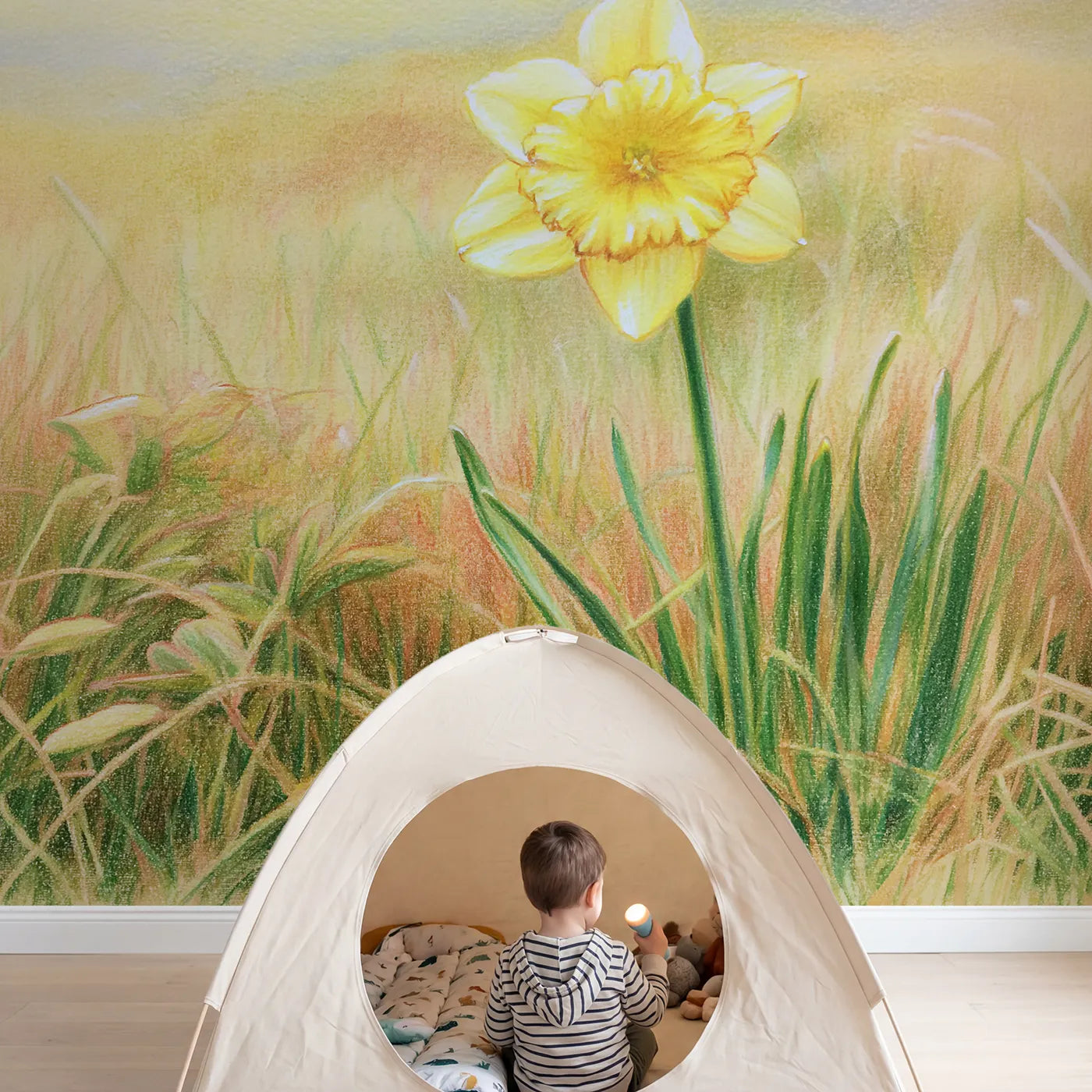 Child in nursery with Gentle Daffodil Wallpaper Mural by Whimsy Tots