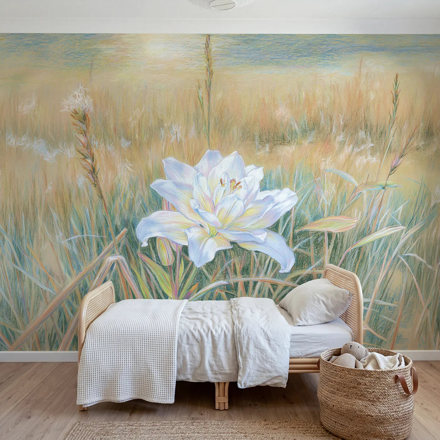 Floral wall mural of a soft wide garden lily by Whimsy Tots