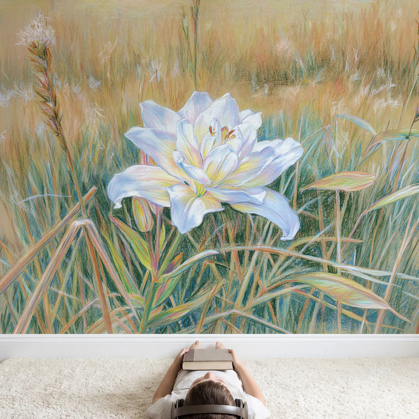 Child in nursery with Soft Garden Lily Wallpaper Mural by Whimsy Tots