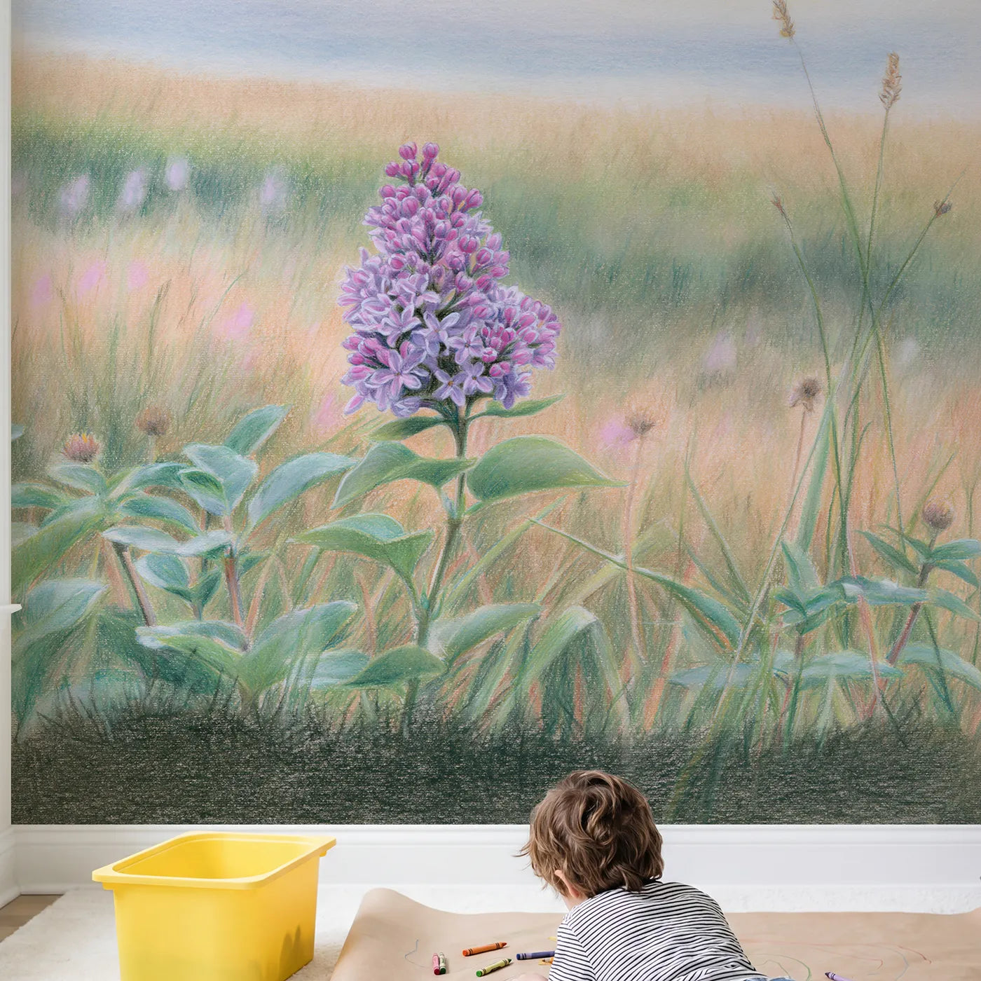Child in nursery with Soft Lilac Bloom Wallpaper Mural by Whimsy Tots