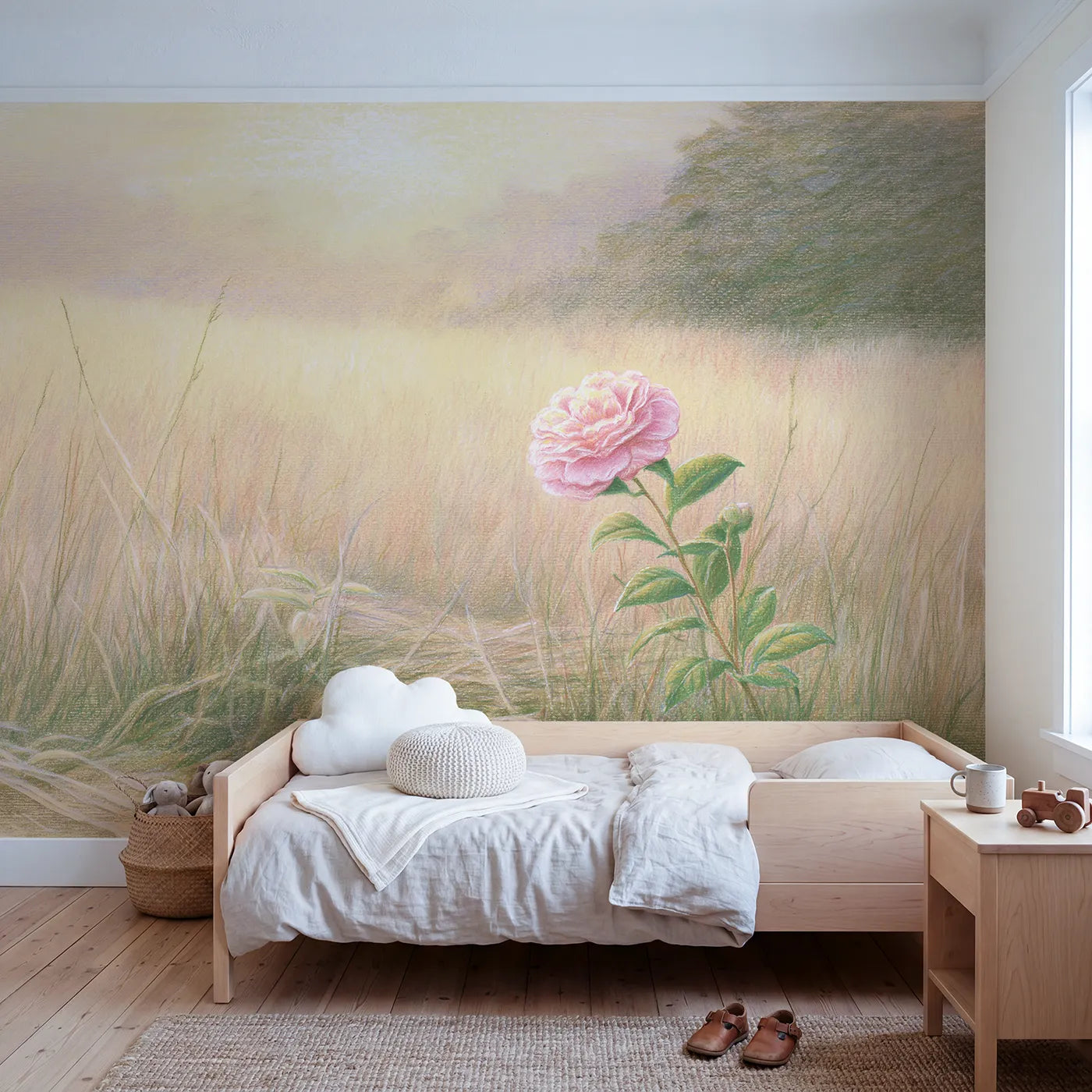 Floral wall mural of a gentle layered camellia by Whimsy Tots