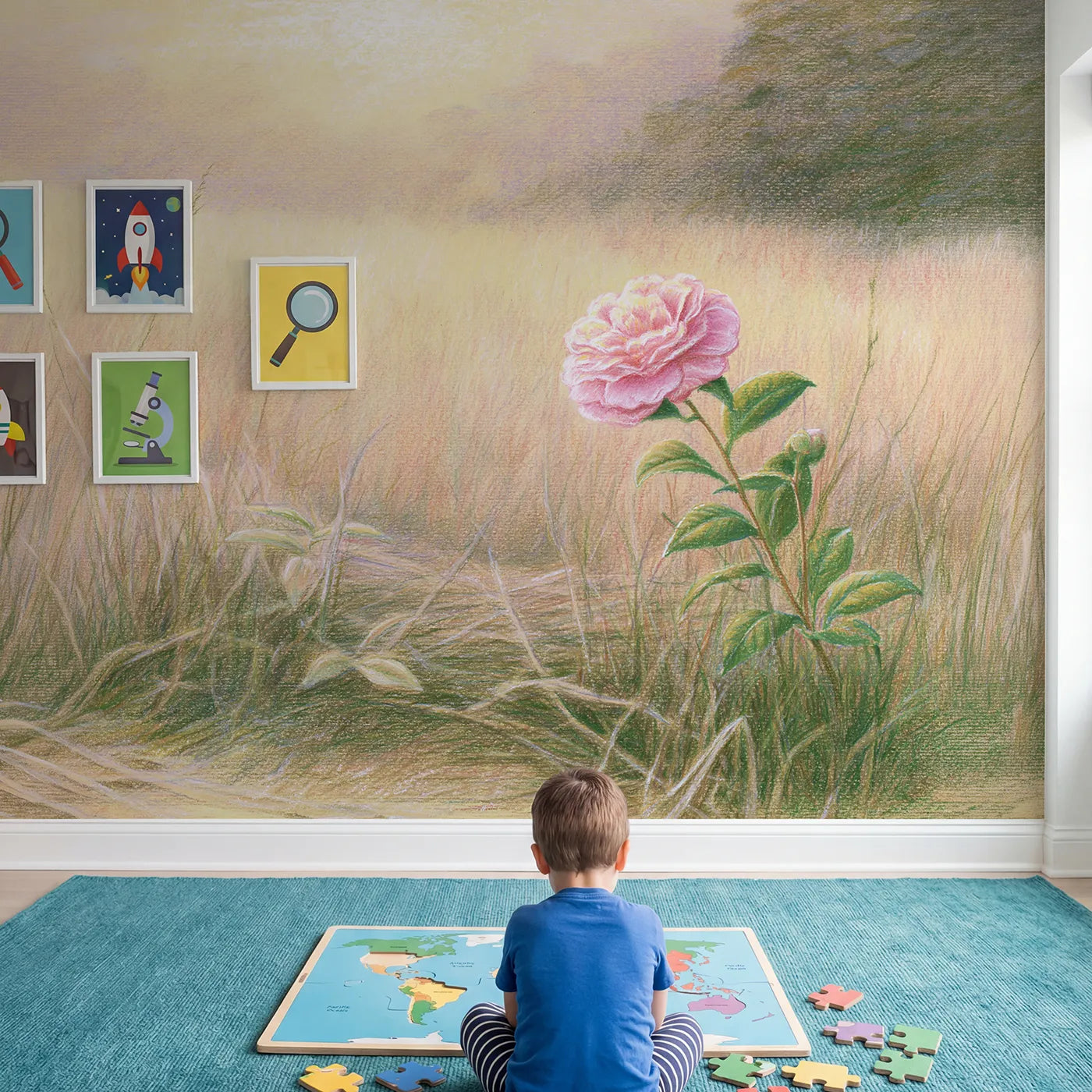 Child in nursery with Gentle Camellia Wallpaper Mural by Whimsy Tots