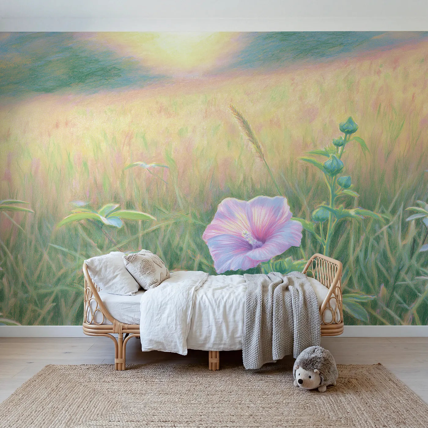Floral wall mural of a soft wide hibiscus bloom by Whimsy Tots