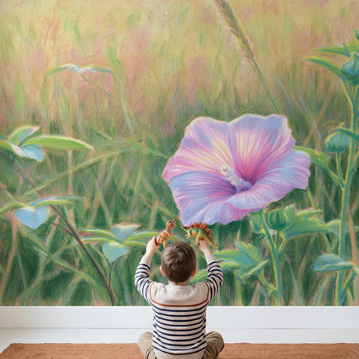 Child in nursery with Soft Hibiscus Bloom Wallpaper Mural by Whimsy Tots
