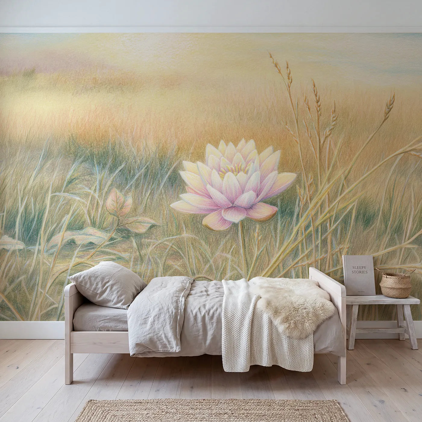 Floral wall mural of a gentle serene lotus bloom by Whimsy Tots