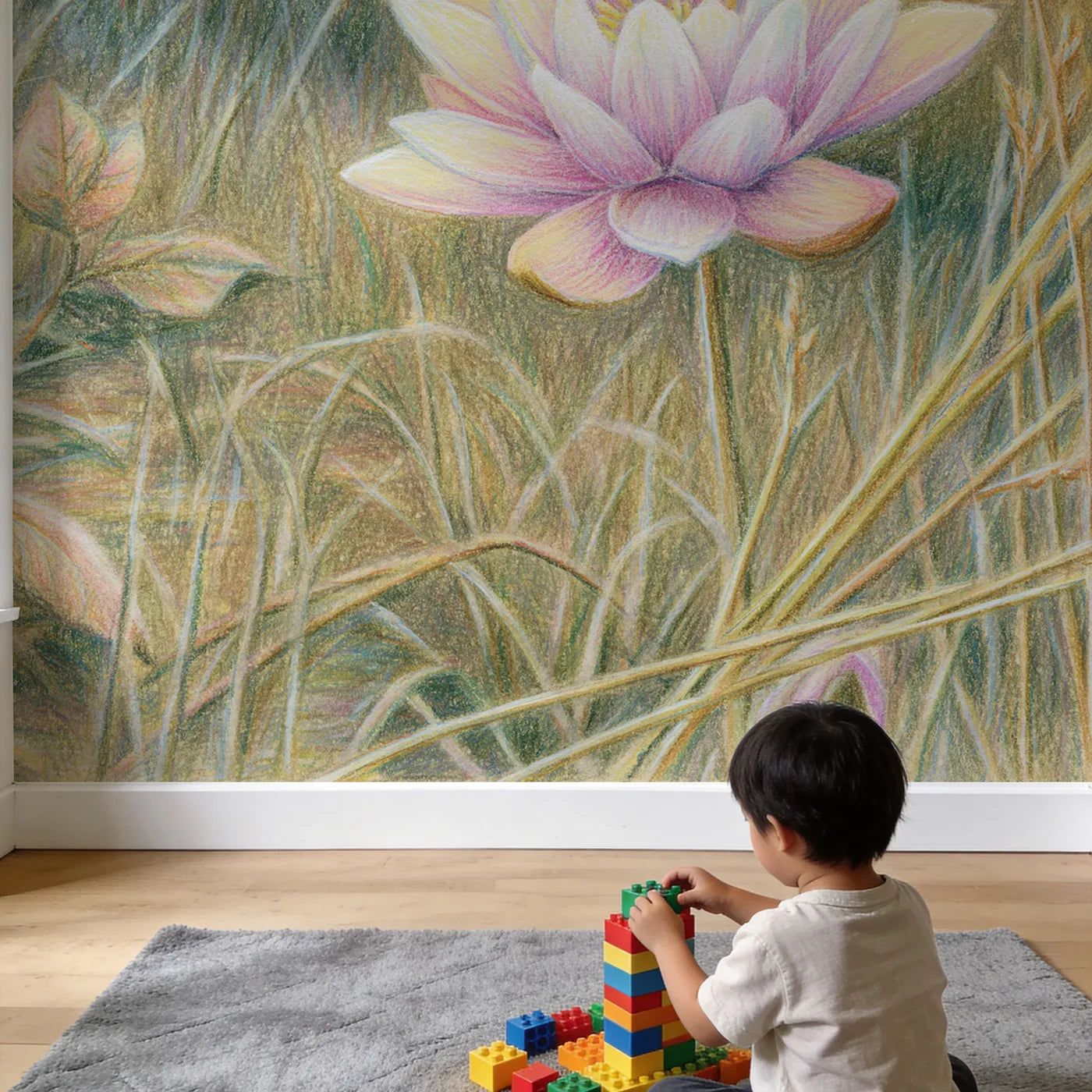 Child in nursery with Gentle Lotus Bloom Wallpaper Mural by Whimsy Tots