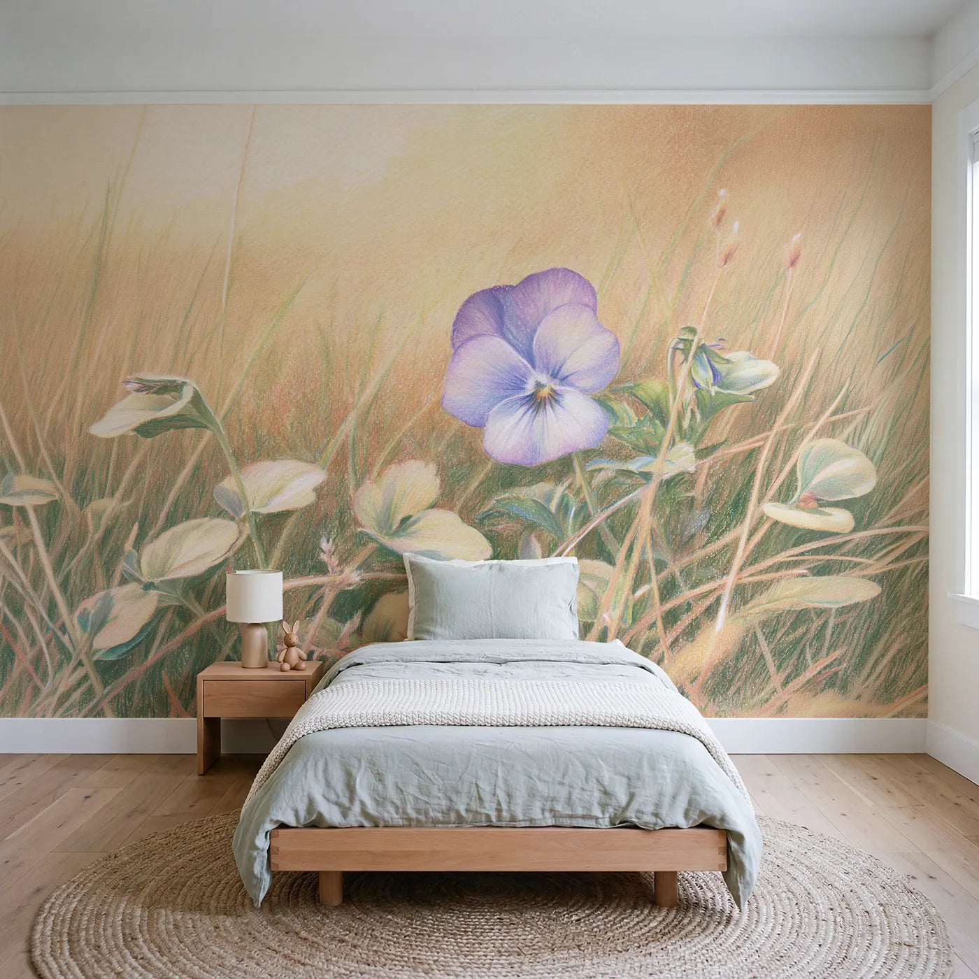 Floral wall mural of a sweet friendly pansy face by Whimsy Tots