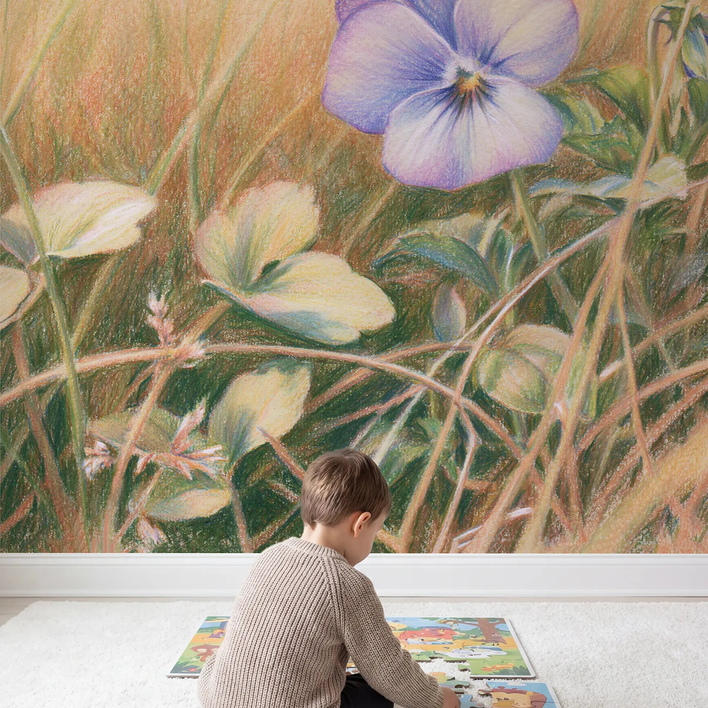 Child in nursery with Sweet Little Pansy Wallpaper Mural by Whimsy Tots