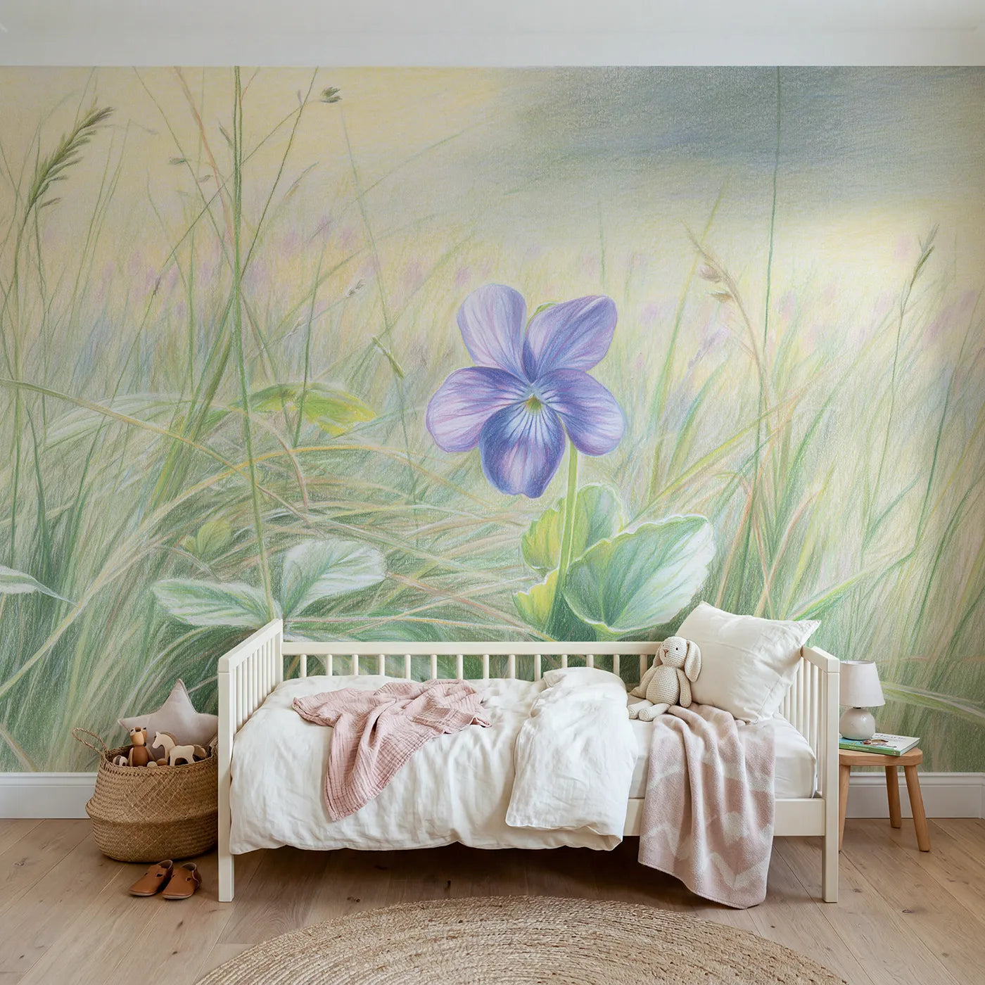 Floral wall mural of a soft shy garden violet by Whimsy Tots