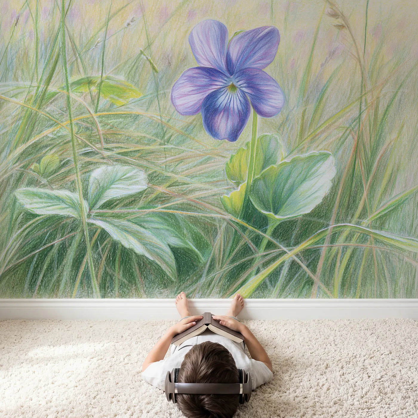 Child in nursery with Soft Garden Violet Wallpaper Mural by Whimsy Tots