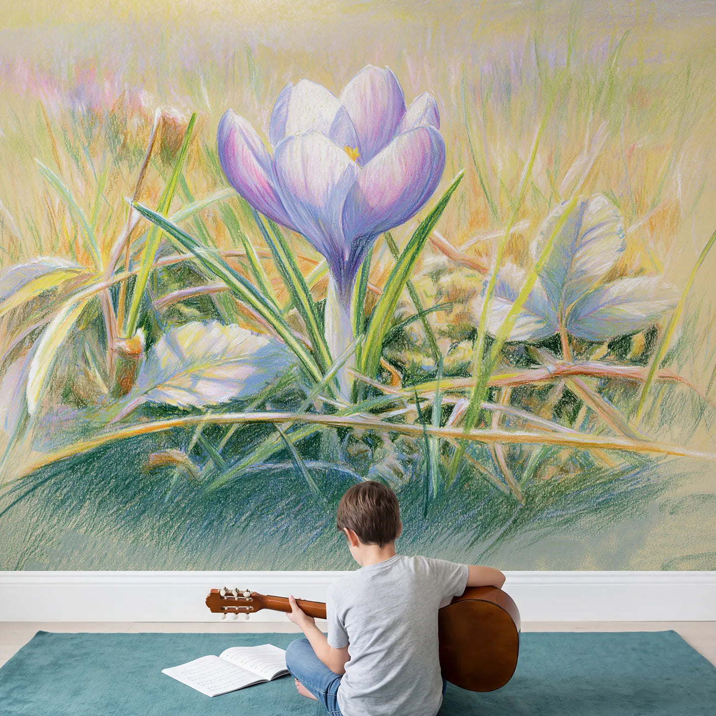 Child in nursery with Gentle Spring Crocus Wallpaper Mural by Whimsy Tots