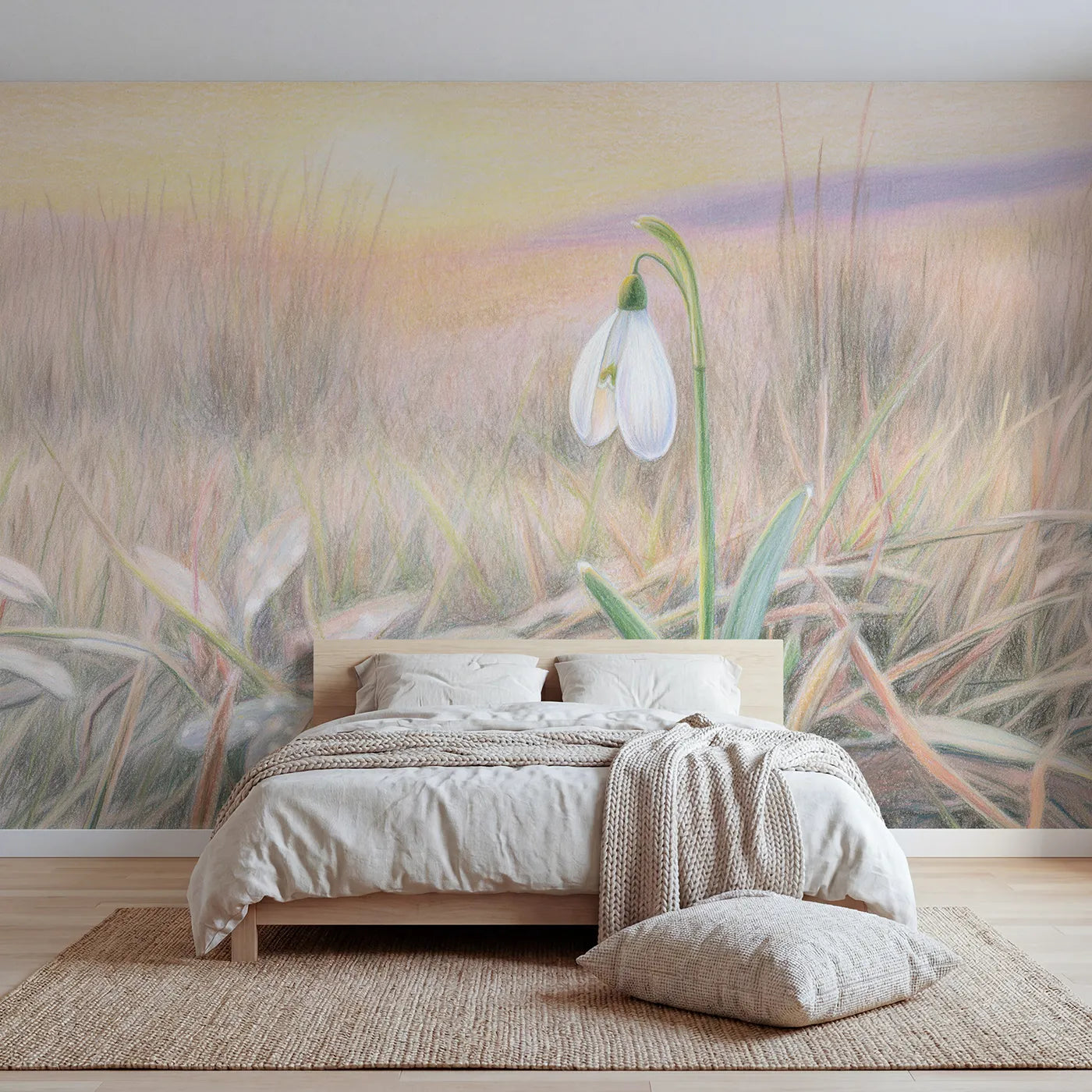 Floral wall mural of a soft nodding snowdrop by Whimsy Tots