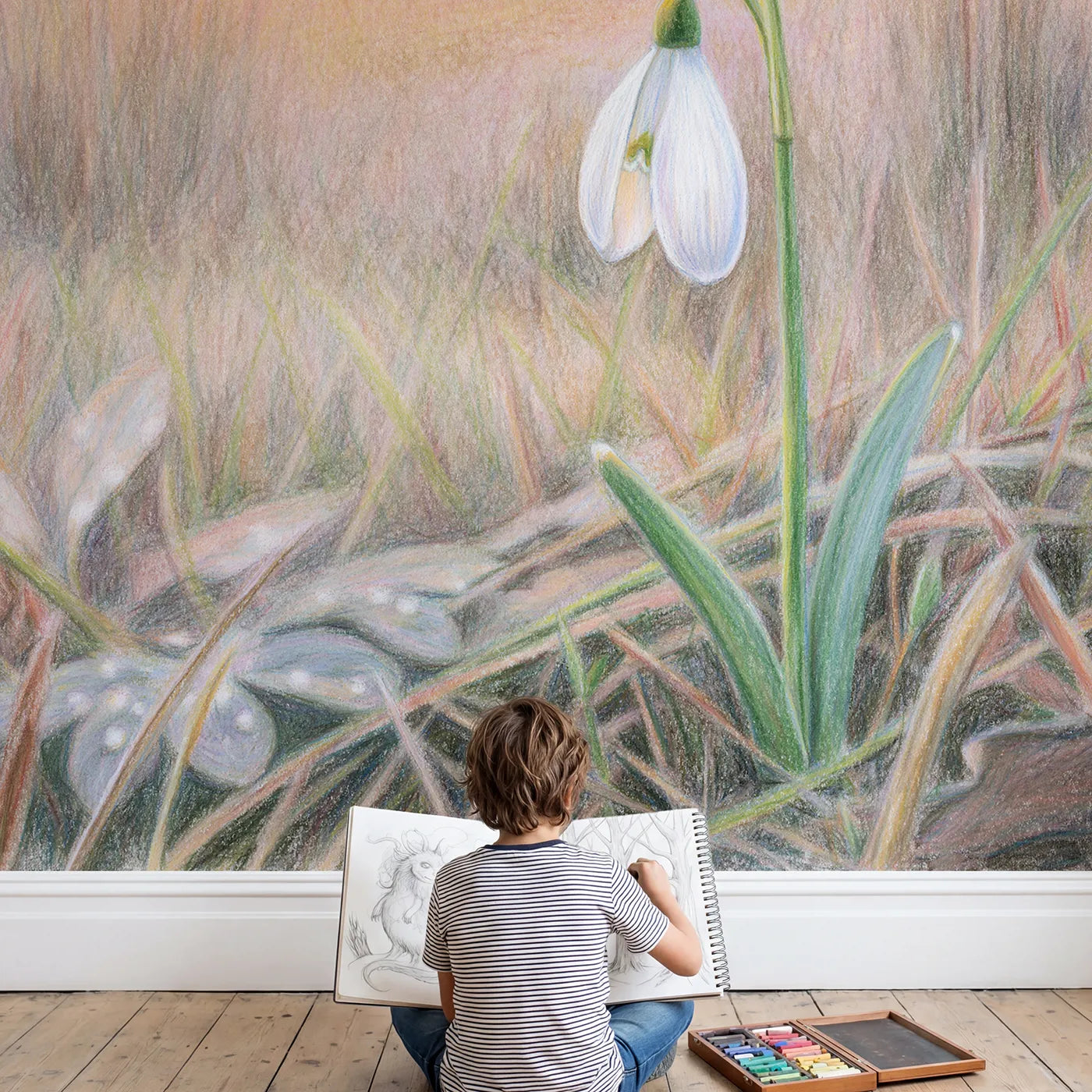 Child in nursery with Soft Snowdrop Wallpaper Mural by Whimsy Tots