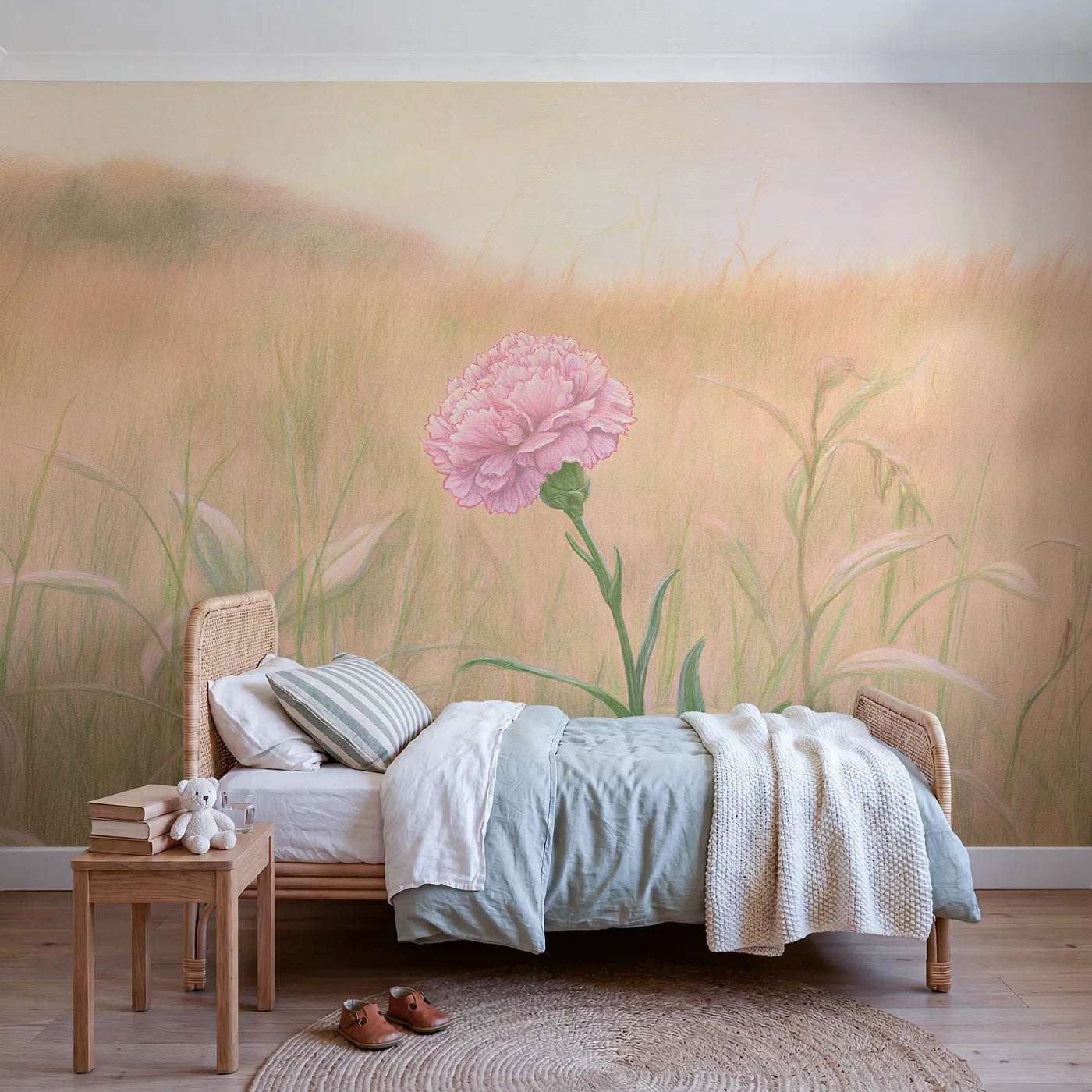 Floral wall mural of a soft fringed carnation by Whimsy Tots