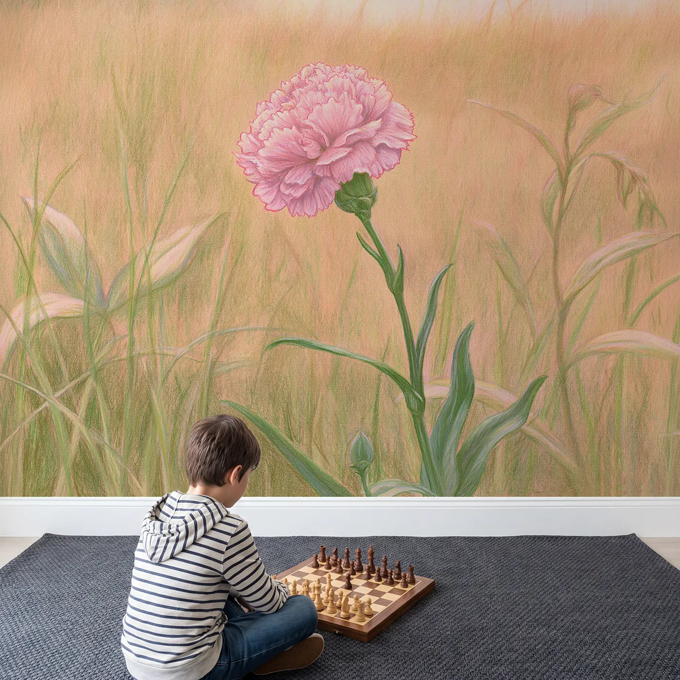 Child in nursery with Soft Carnation Bloom Wallpaper Mural by Whimsy Tots