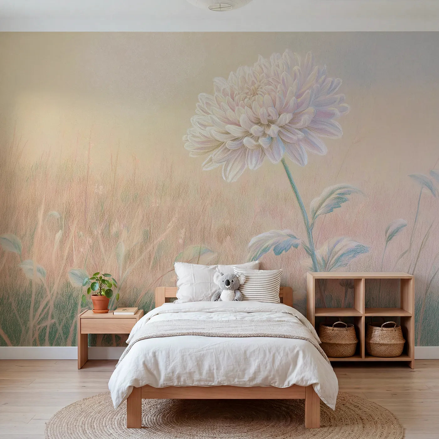 Floral wall mural of a gentle dense chrysanthemum by Whimsy Tots