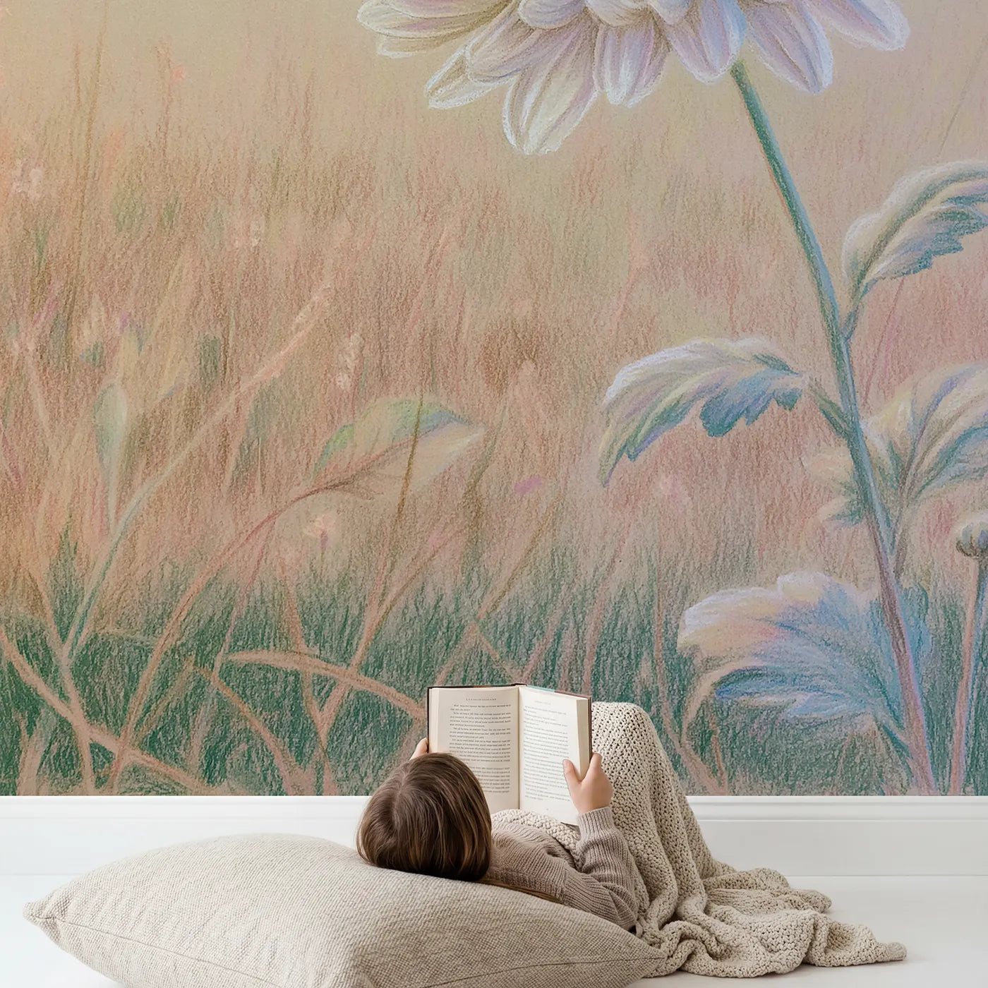 Child in nursery with Gentle Chrysanthemum Wallpaper Mural by Whimsy Tots