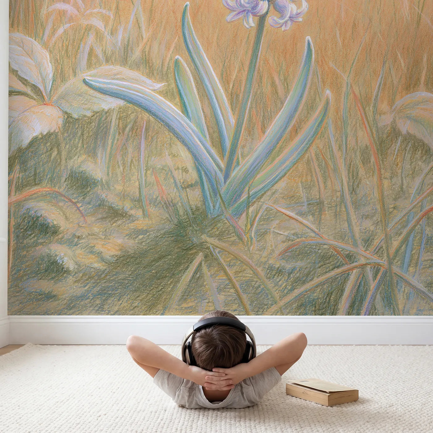 Child in nursery with Soft Spring Hyacinth Wallpaper Mural by Whimsy Tots