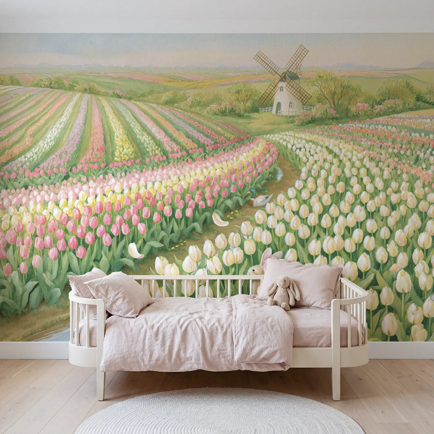 Storybook tulip field running toward a small windmill, wall mural for a kids room by Whimsy Tots