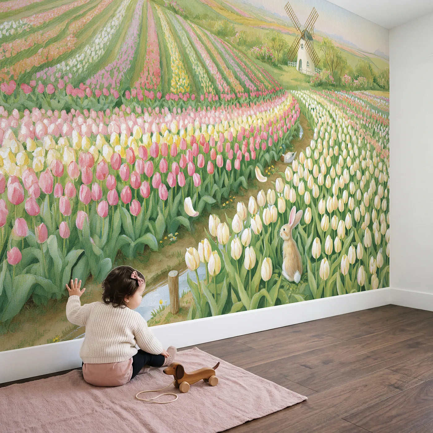 Child in nursery with Tulip Field Windmill Wallpaper Mural by Whimsy Tots