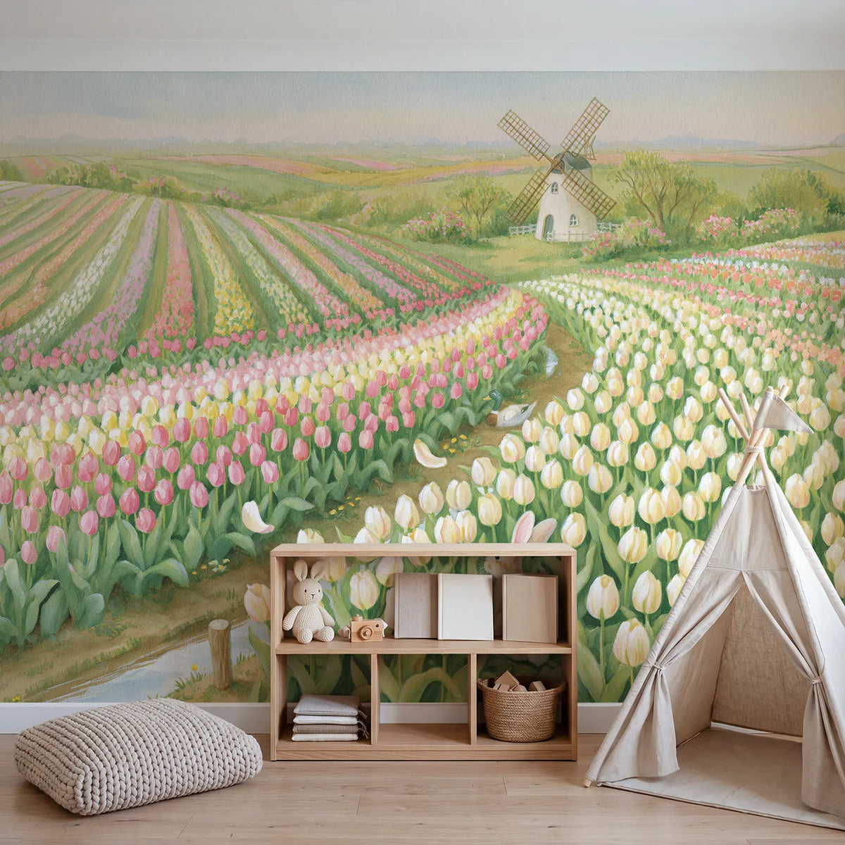 Tulip Field Windmill Wallpaper Mural in playroom setting by Whimsy Tots