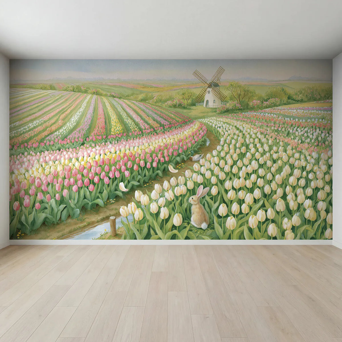 Full view of Tulip Field Windmill Wallpaper Mural by Whimsy Tots
